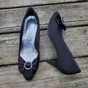 Vintage 80s‎ Retro Black Satin Bow Bling Heels Pumps 7 Prom Dancing Sexy